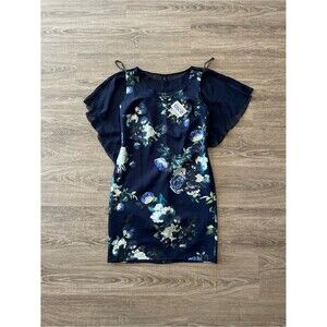 En Focus Studio Dress Womens Size 8 Navy Blue Floral Flutter Sleeve Sheath NWT